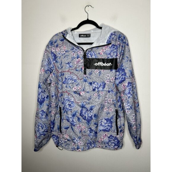 Offbeat Half-Zip Pixelated Floral Windbreaker Rain Jacket Kangaroo Pocket Small - Picture 1 of 9